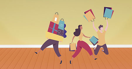 Impacto de las compras compulsivas Persona cargando bolsas de compras en exceso, mostrando estrés y desequilibrio emocional