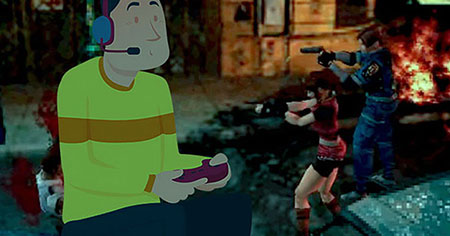 Una escena de un joven jugando videojuegos hasta tarde, en un cuarto oscuro